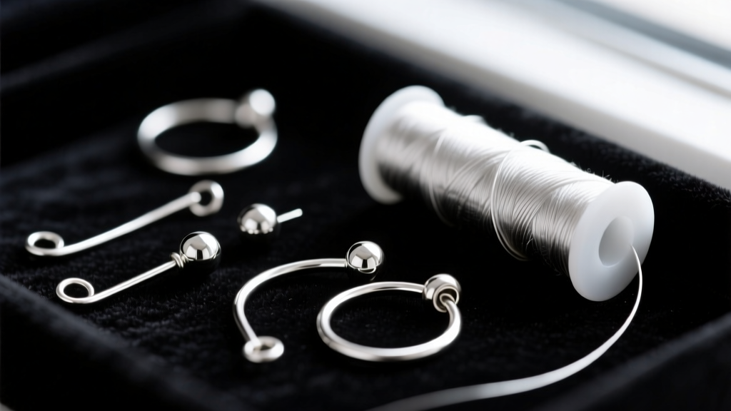 Close-up of 20-gauge sterling silver ear wires and 4mm soldered jump rings on dark velvet beside a spool of 6lb Fireline thread