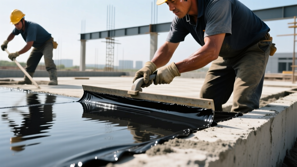 Crew applying thick black liquid polyurethane waterproofing membrane with a squeegee onto a poured concrete foundation