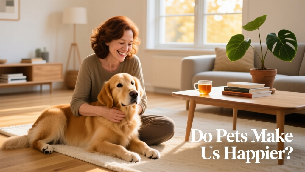 A smiling person cuddling a golden retriever on a sunny living room floor