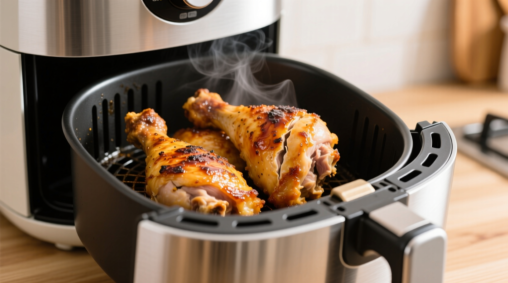 Crispy golden-brown chicken thighs in air fryer basket