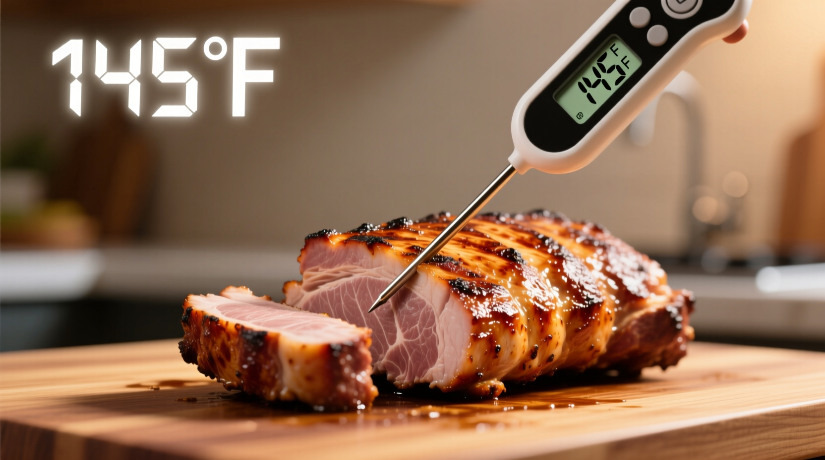 Digital thermometer measuring pork loin internal temperature