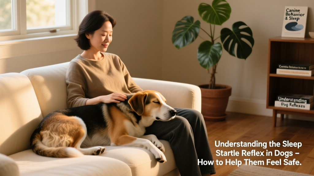 A relaxed dog resting calmly beside its owner on a sofa, bathed in warm, natural light