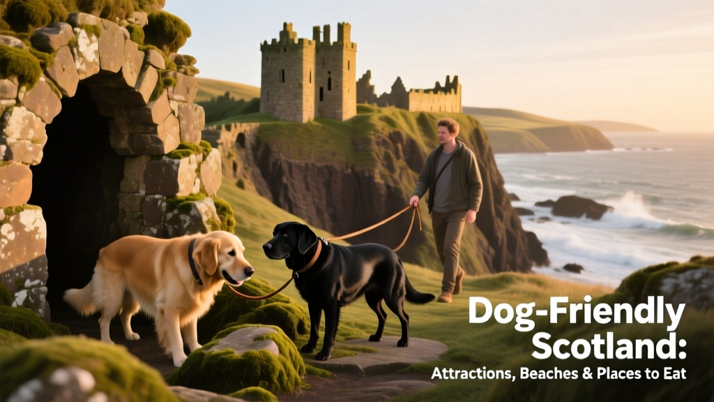 Dunnottar Castle perched dramatically on a sea cliff with dogs on leashes exploring the ruins