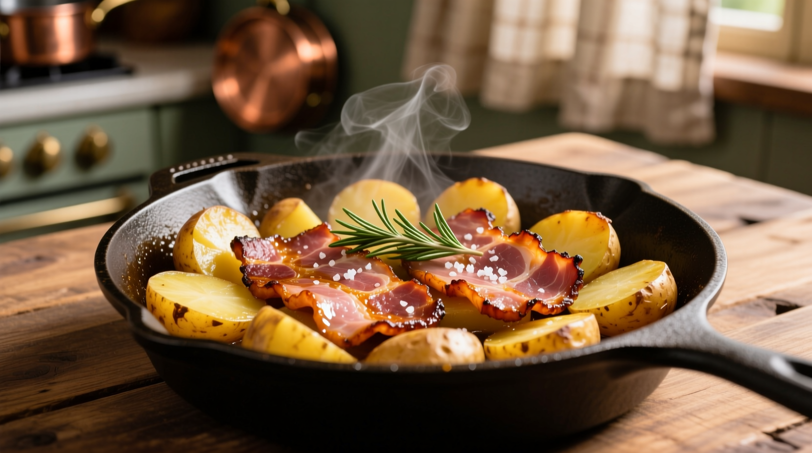 Golden brown ham and potato skillet with crispy edges