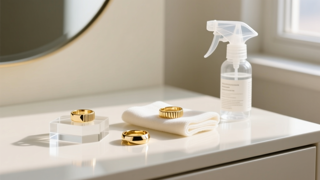 Acrylic aesthetic jewelry display with gold rings on a vanity, beside a microfiber cloth and plastic-safe cleaning spray.