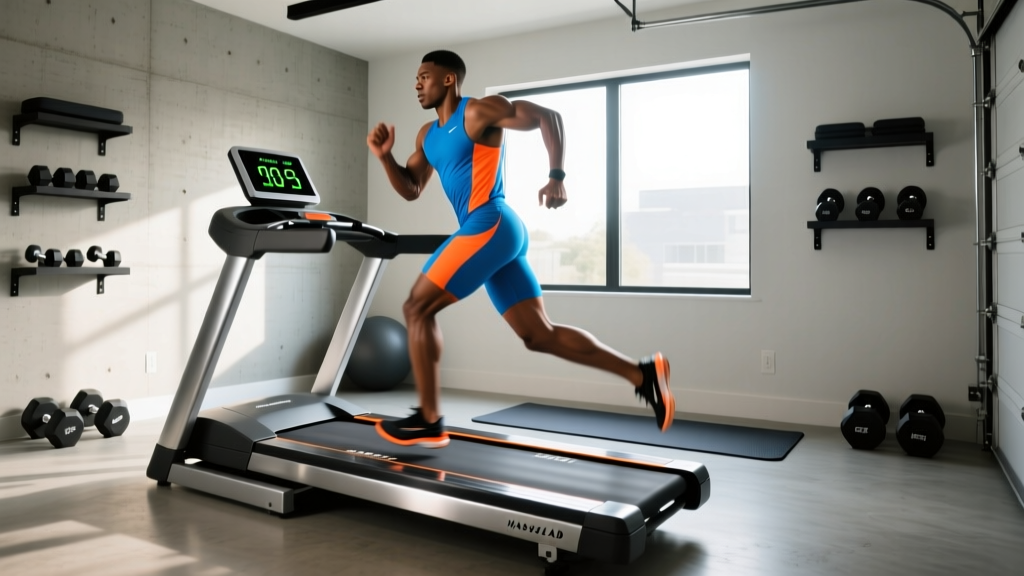 Athlete performing sprint intervals on a heavy-duty folding motorized treadmill in a compact garage home gym setup