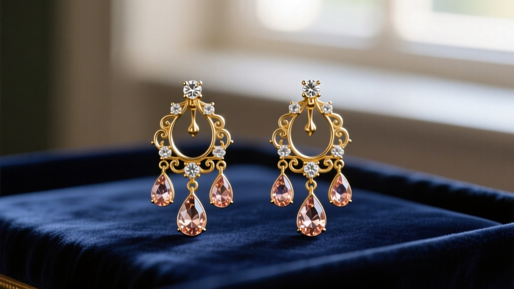 Antique Georgian girandole earrings with foil-backed rose diamonds and three pear drops displayed on dark navy velvet.