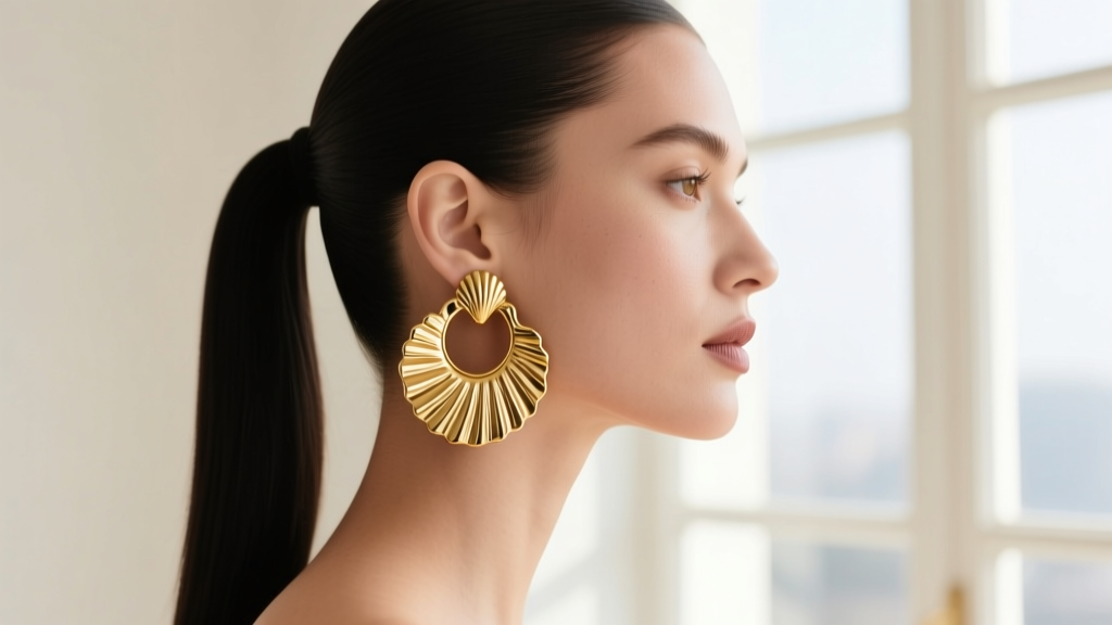 Side profile of a woman with a sleek updo wearing oversized 18k gold shell-shaped pasta hoop earrings, highlighting her jawline.