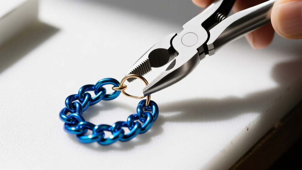 Jewelry pliers holding a 20-gauge niobium jump ring, weaving it into a blue anodized chainmail earring pattern on a workbench.