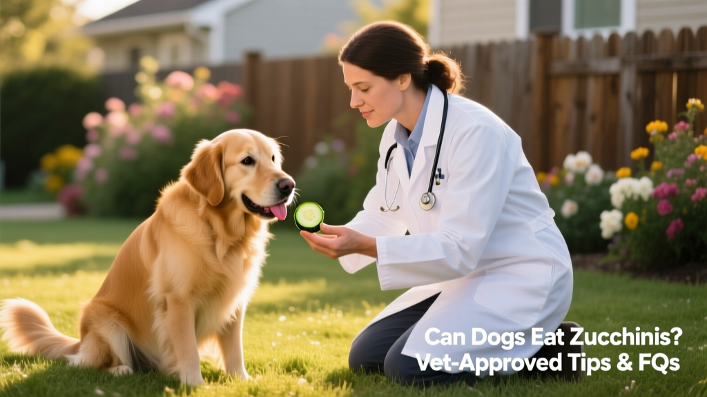 Veterinarian kneeling beside a golden retriever, gently offering a small zucchini slice from their palm