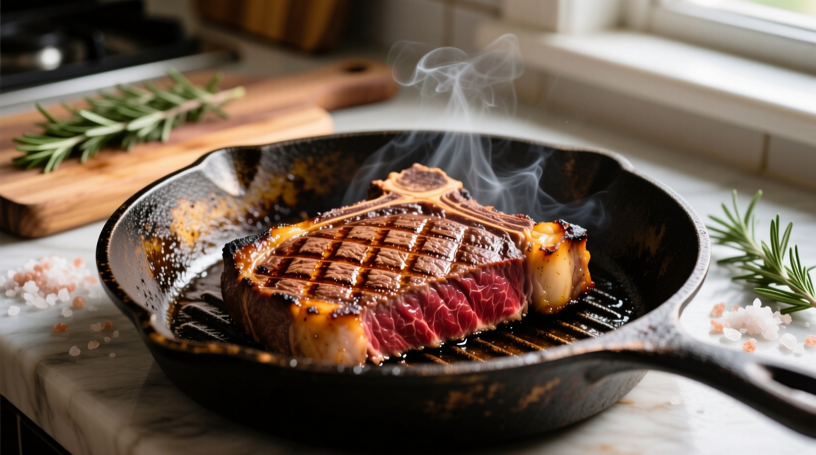 Perfectly seared New York strip steak in cast iron skillet