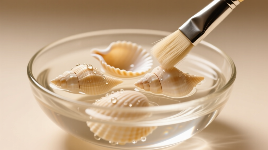 Soft brush cleaning cream-colored dentalium shells in a shallow glass bowl of distilled water under warm, soft studio lighting.