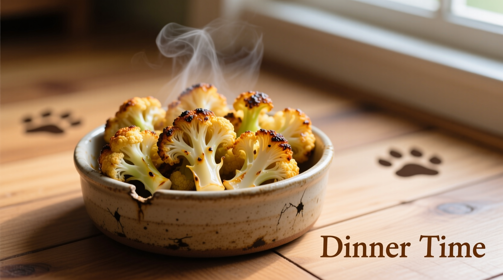 Cooked cauliflower florets next to dog bowl