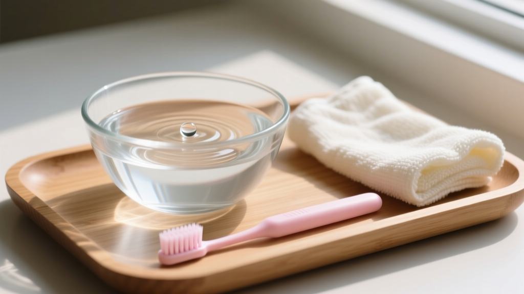 Glass bowl of distilled water with pH-neutral soap, an extra-soft baby toothbrush, and a microfiber cloth on a wooden tray