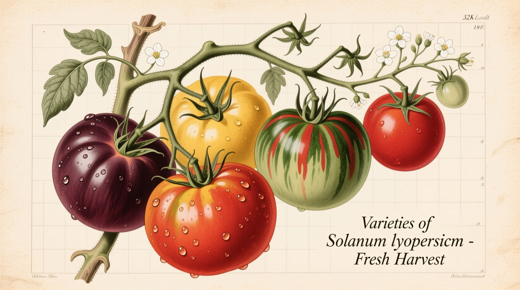 Fresh tomatoes on vine showing different varieties