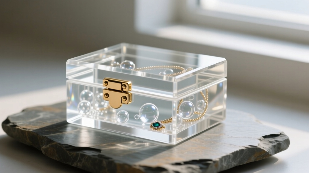 Crystal-clear epoxy resin jewelry box with brass hinges on slate, showing bubble-free clarity, polished edges, and soft lighting.
