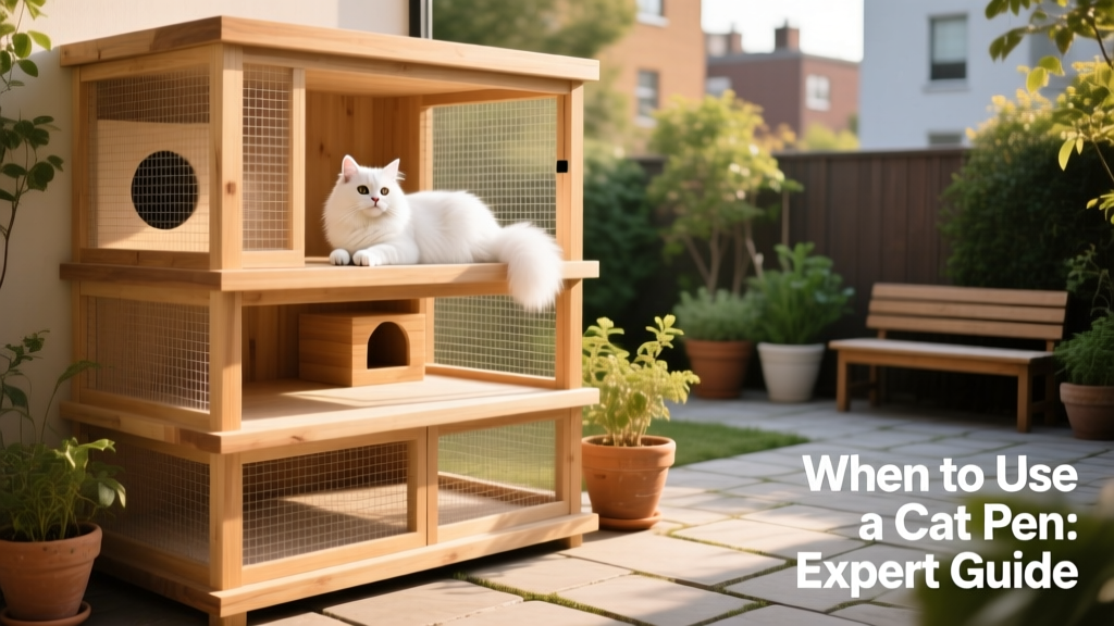 A multi-level FurPetVo cat enclosure set up on a patio, with a cat lounging on a platform and looking out through mesh walls