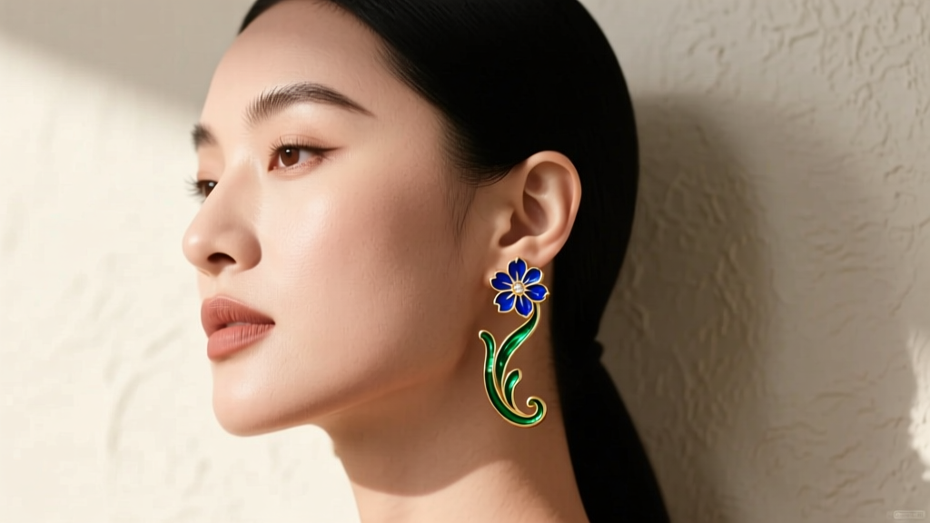 Woman with a square jawline wearing curved Art Nouveau enamel face earrings, photographed from a soft three-quarter profile angle