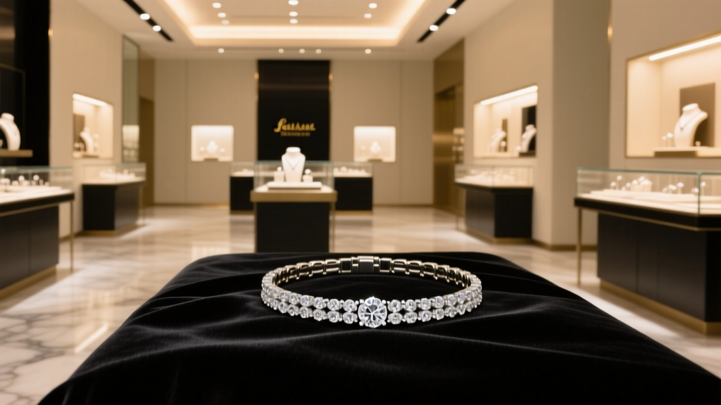 Elegant diamond tennis bracelet resting on dark velvet inside a high-end Midland Texas jewelry boutique, soft warm lighting