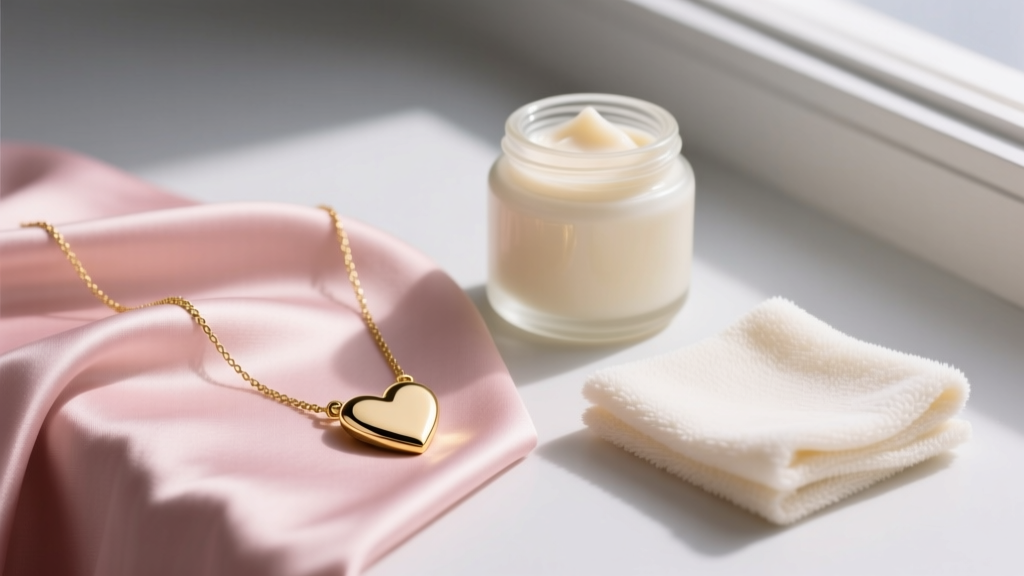 Kate Spade gold-plated heart necklace on blush silk beside a small jar of mild soap and a soft microfiber jewelry cleaning cloth