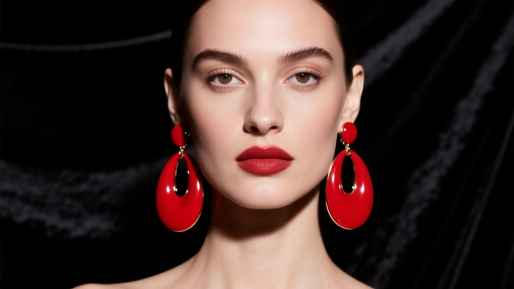 Model wearing large crimson enamel drop earrings against dark velvet, dramatic studio lighting highlighting the glossy red finish
