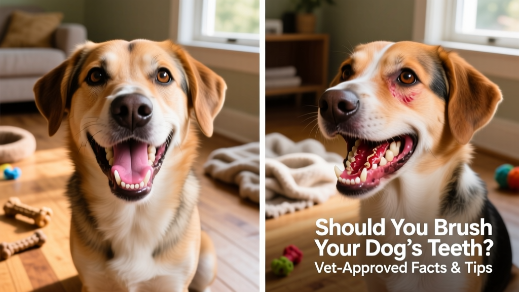Side-by-side comparison showing healthy pink gums versus red, swollen, receding gums in a dog