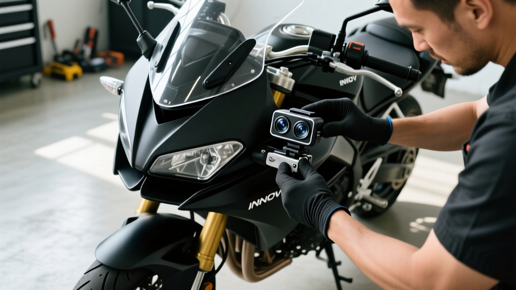 Mechanic installing an INNOVV C5 dual-channel dashcam with the front lens mounted discreetly under the windscreen of a sport-touring motorcycle