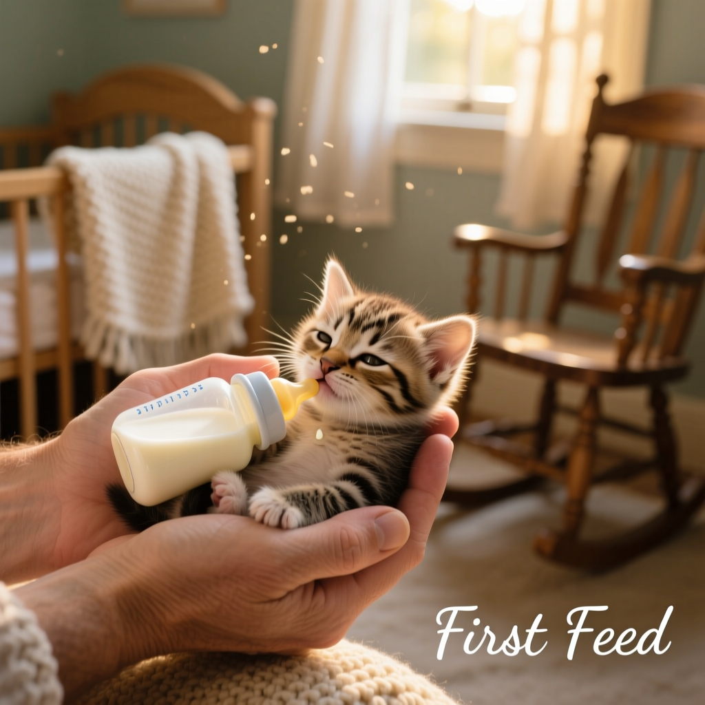 A kitten being bottle-fed