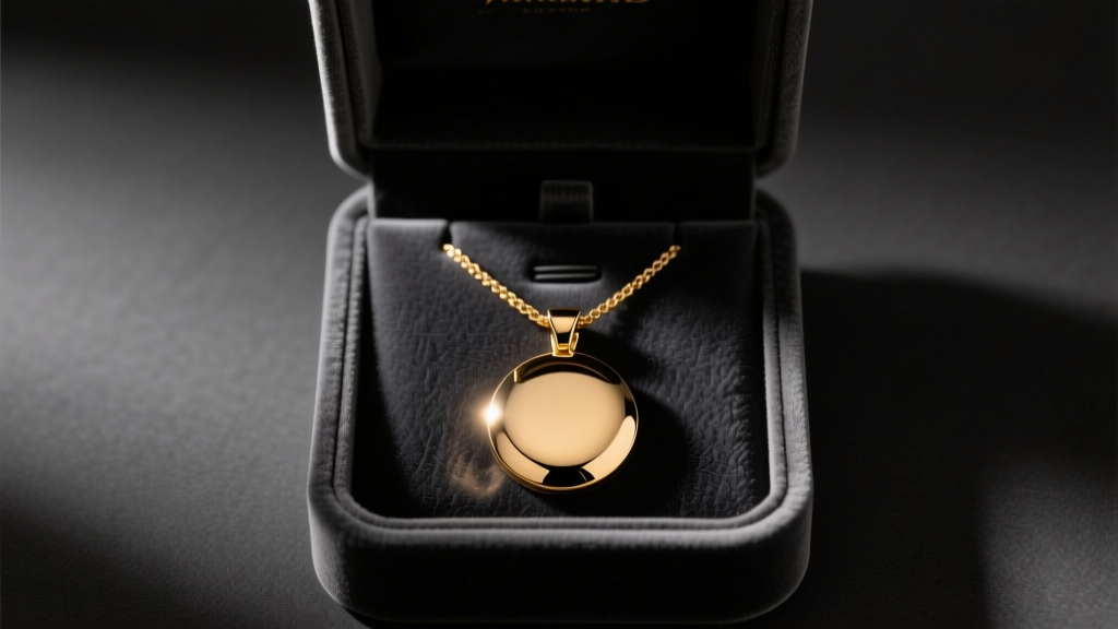 Open velvet box showing a PVD gold stainless steel pendant necklace, lit by a warm spotlight against a dark, moody background.