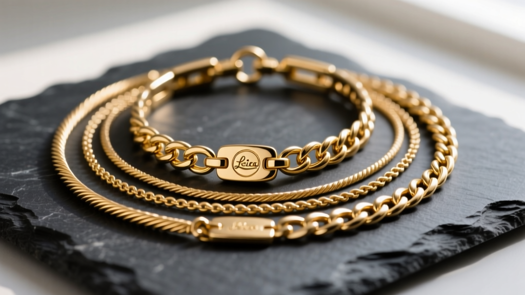 Macro shot of layered 14k gold necklaces on dark slate, highlighting varying chain gauges, textures, and delicate clasp details