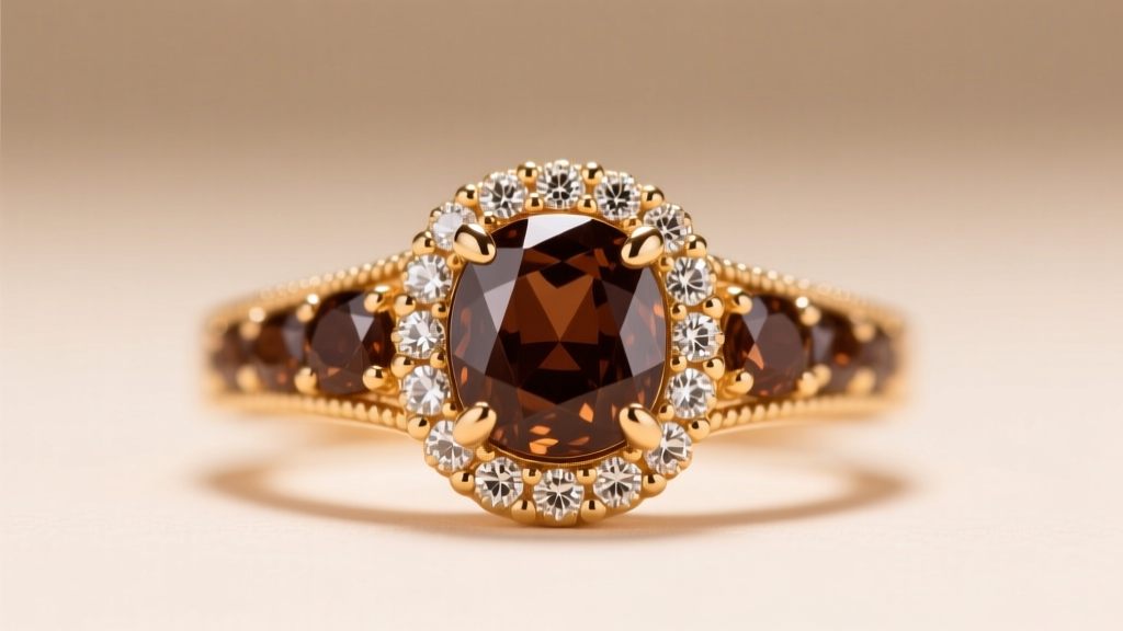 Close-up of a Le Vian chocolate diamond ring set in 14k strawberry gold, showcasing the deep brown gemstones and warm metal tones