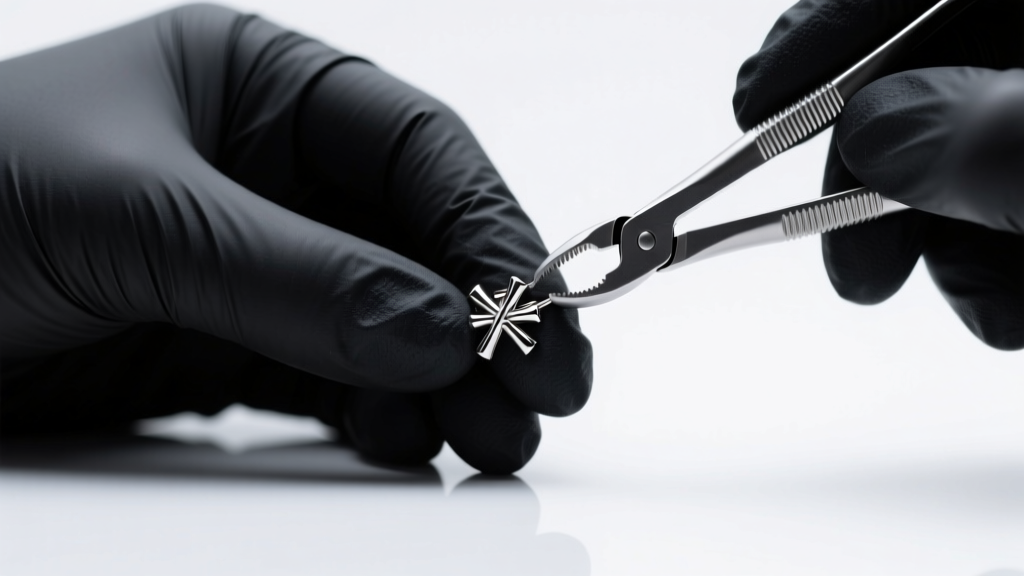Piercer in black nitrile gloves using specialized steel hemostats to carefully grip a cross-threaded titanium earring base in a sterile studio
