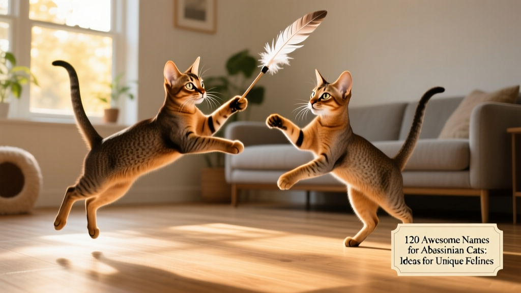 Two Abyssinian cats playing gently with a feather wand toy, showcasing their athleticism and expressive eyes