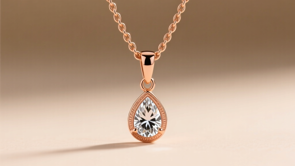 Macro photography of a rose gold lavaliere pendant bail connecting a diamond teardrop drop to a delicate 18-inch cable chain