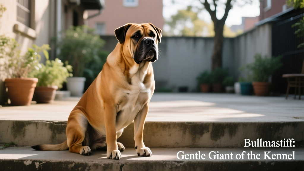 Bullmastiff dog sits on concrete steps