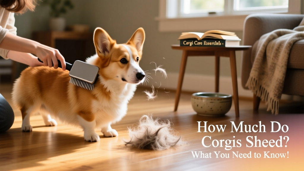 A person gently brushing a corgi with a slicker brush while sitting on a hardwood floor, with a small pile of collected fur nearby