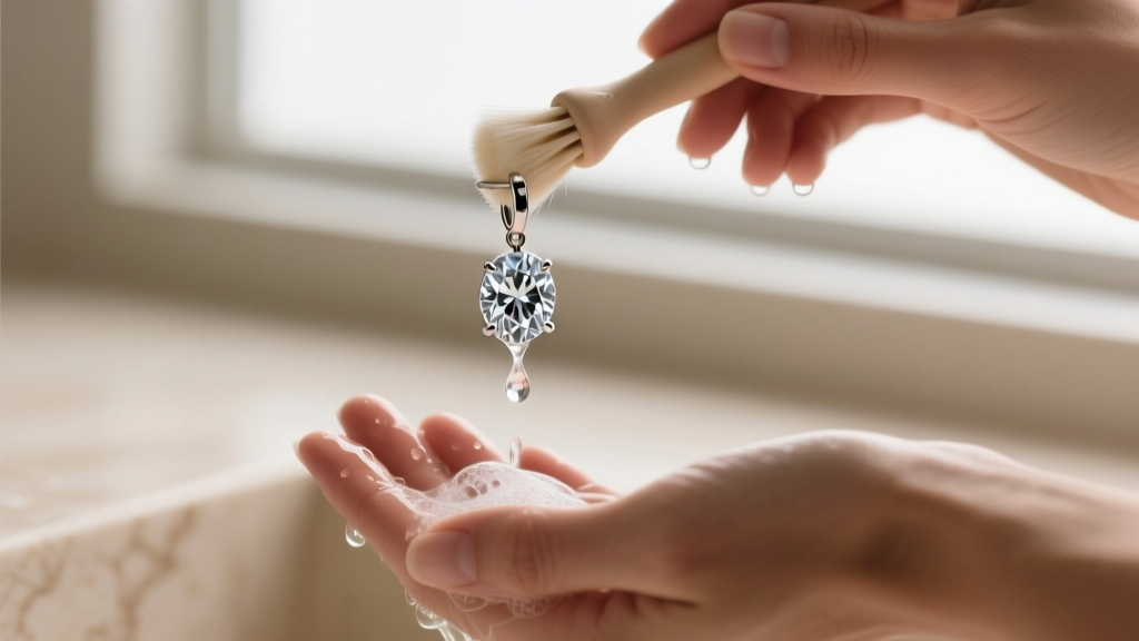 Hands washing a Milor Italy drop earring with a soft brush and mild soap, avoiding the delicate rhodium-plated clasp mechanism.