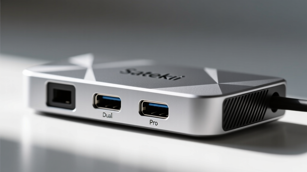 Close-up of the Satechi Dual Dock Pro's rear ports, with a braided USB-C cable plugged in, highlighting the dual HDMI outputs and gigabit ethernet port next to a mechanical keyboard.