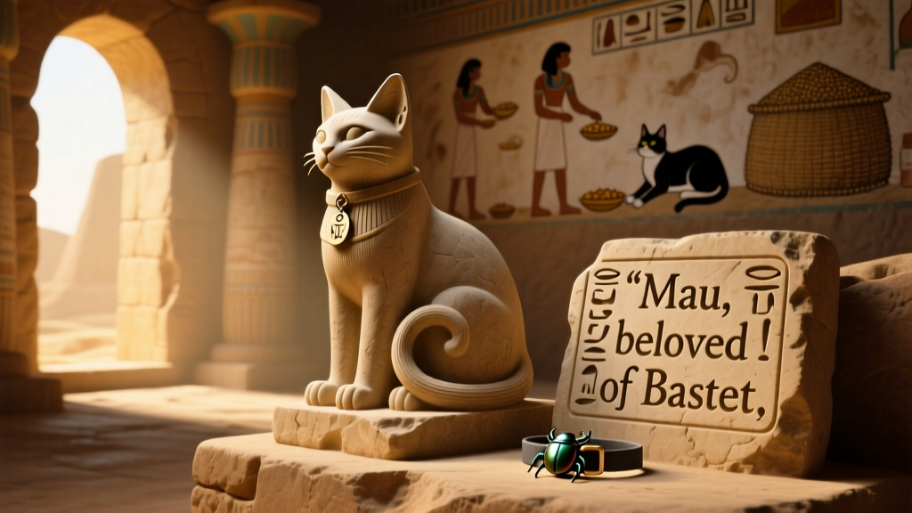 Ancient Egyptian carving showing a seated cat beside a hieroglyphic inscription