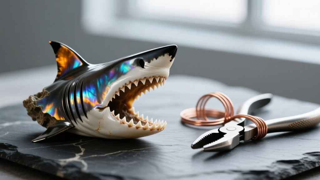 Close-up of a polished megalodon shark tooth fossil resting on a dark slate surface beside copper wire and jewelry pliers.