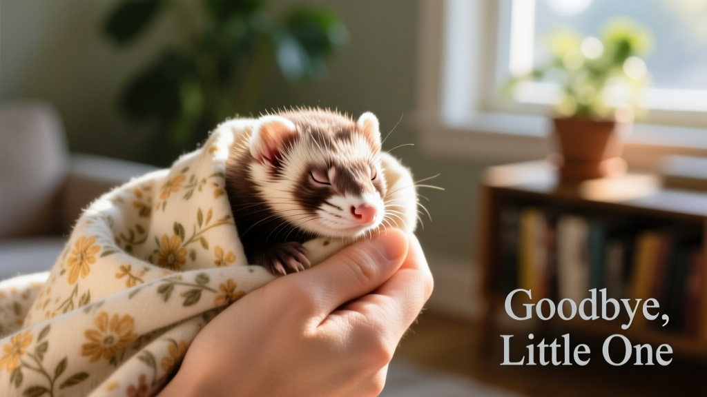 Hand holding a small, still ferret wrapped in a floral-patterned blanket, with soft focus background suggesting quiet intimacy