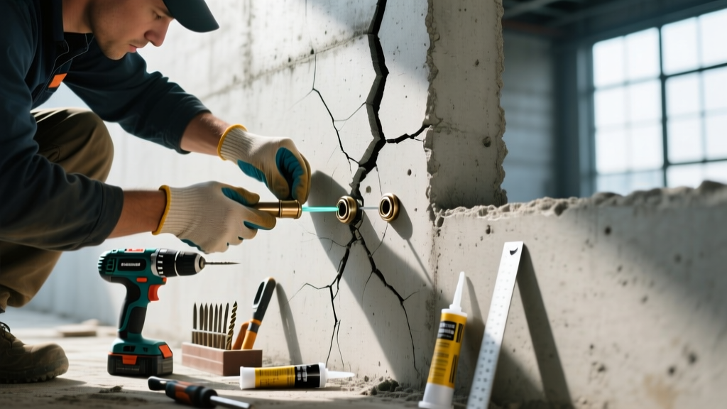 Technician installing epoxy injection ports on a diagonal shear crack in a thick poured concrete foundation wall