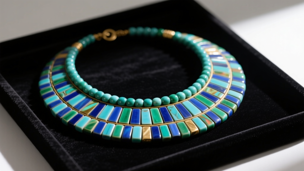 Close-up of an ancient Egyptian broad collar necklace of blue and green faience beads resting on a dark velvet display tray
