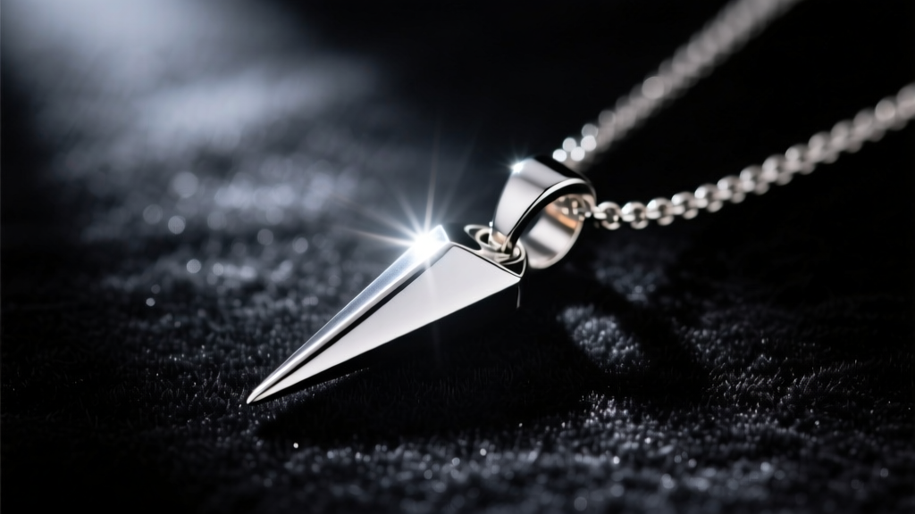 Close-up of a polished 316L surgical steel necklace spike pendant resting on a black velvet surface, dramatic studio lighting.