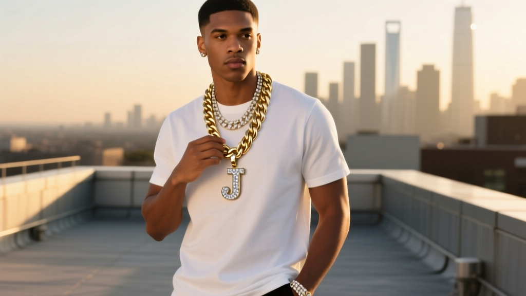 Male model wearing a layered hip-hop jewelry setup with a thick Cuban link chain and a diamond initial pendant over a white tee.
