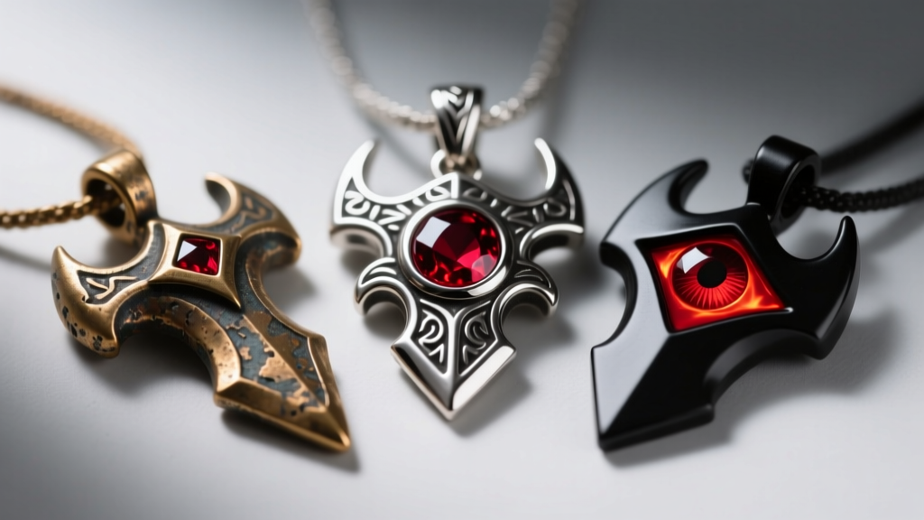 Macro shot of three Berserk behelit pendants: raw brass, polished silver with ruby eyes, and matte black resin with red gloss