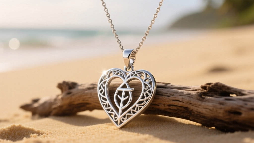 Sterling silver Heart of Te Fiti pendant necklace resting on driftwood with soft ocean lighting and a blurred sand background.