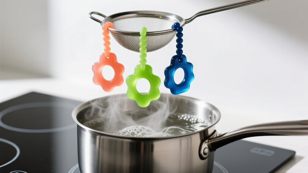 Boiling water on a stove with a steel strainer holding three colorful silicone chewy necklace pendants being sterilized by steam.