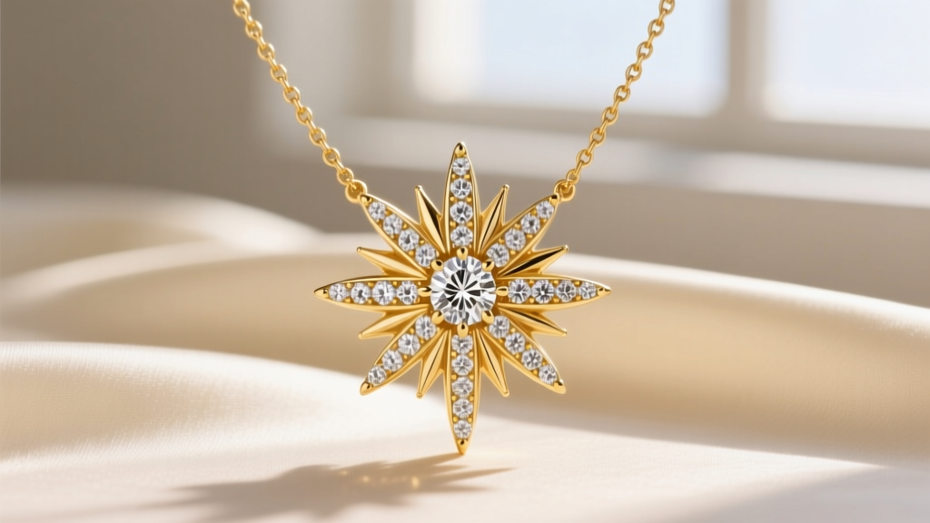 Close-up of an 18k yellow gold Yurman Starburst pendant necklace with pavé diamonds resting on a cream silk fabric background