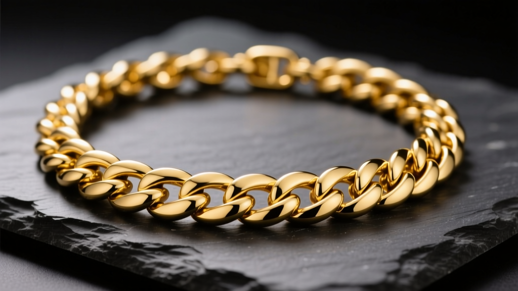 Thick 18k yellow gold Cuban link necklace on dark slate, soft warm studio lighting, macro jewelry photography, highly detailed.